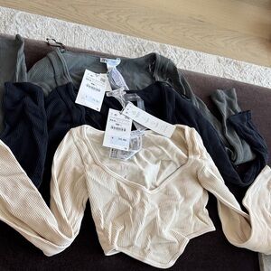 Zara Ribbed Long Sleeve Tops - Black, Green, Beige